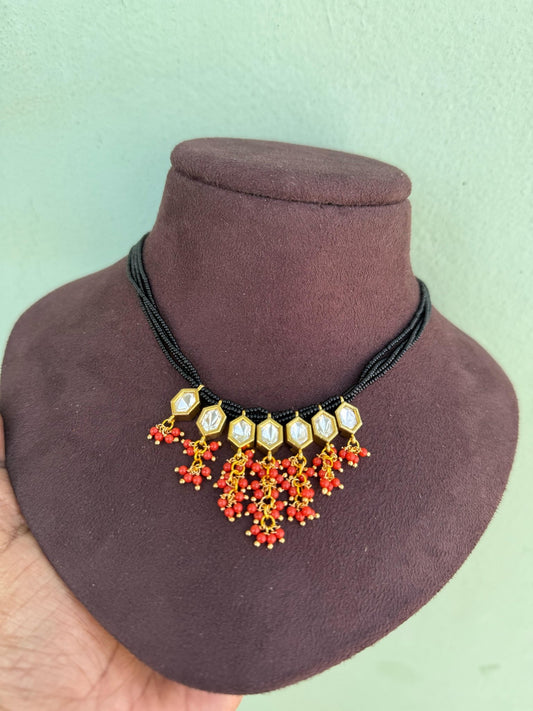 Seven kundan coral black beads necklace - Alluring Accessories