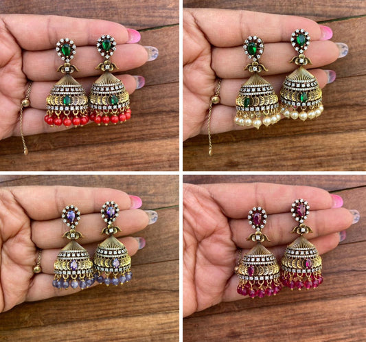 Single stone small flower Victorian jhumkas design3 - Alluring Accessories