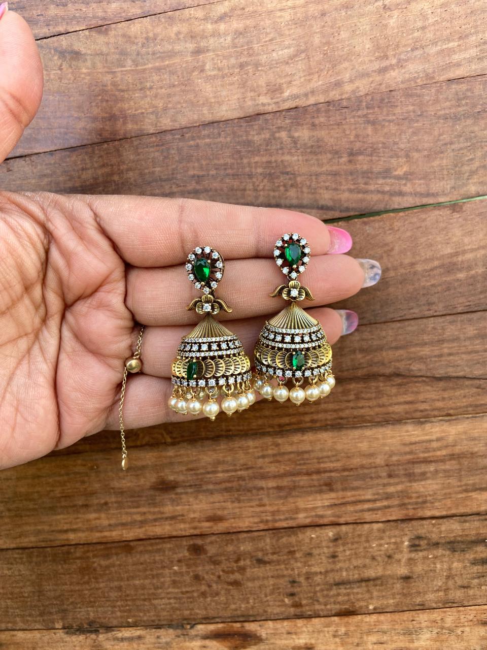 Single stone small flower Victorian jhumkas design3 - Alluring Accessories
