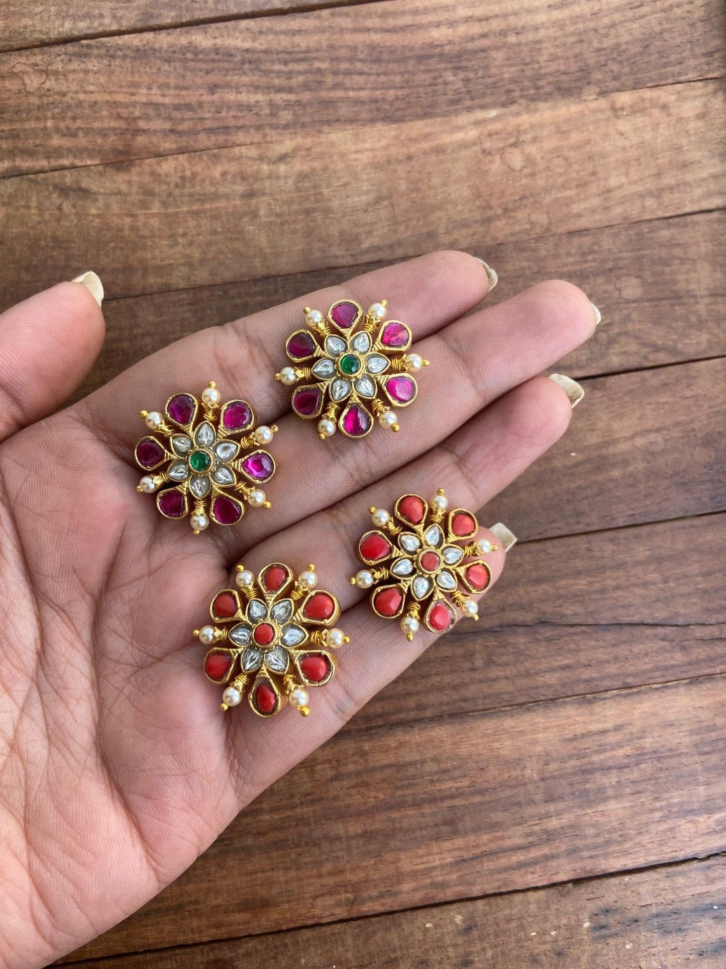 Six petal flower real kundan studs - Alluring Accessories