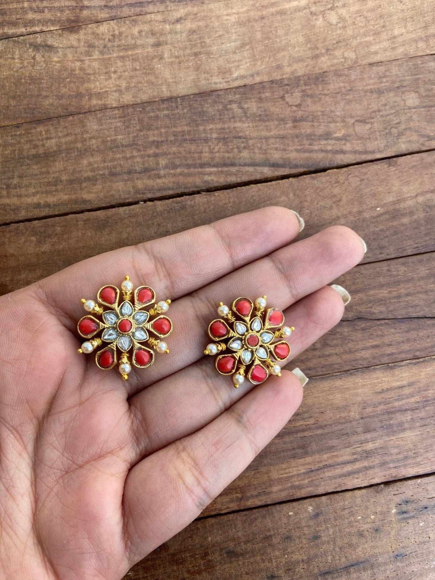 Six petal flower real kundan studs - Alluring Accessories