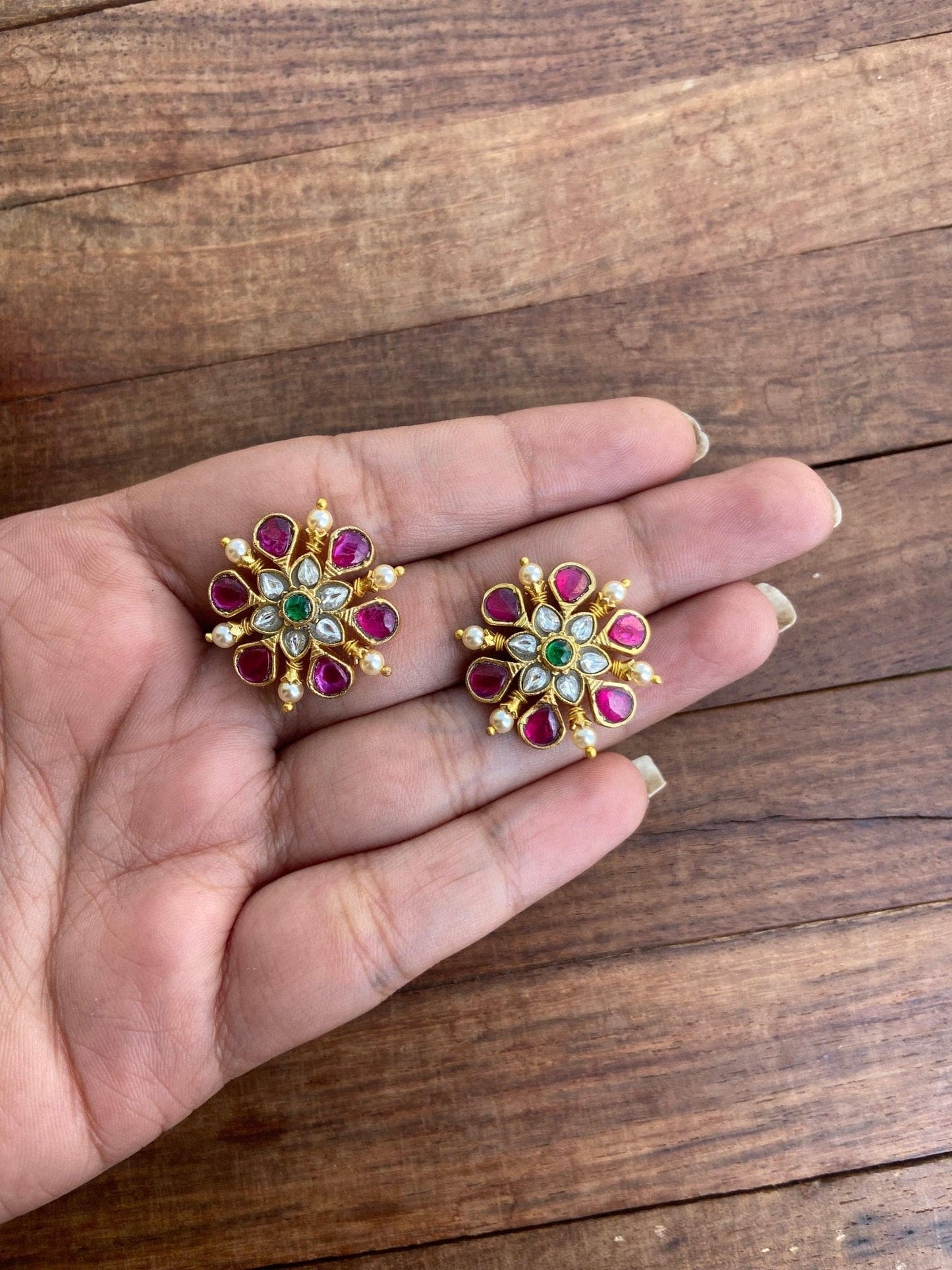 Six petal flower real kundan studs - Alluring Accessories