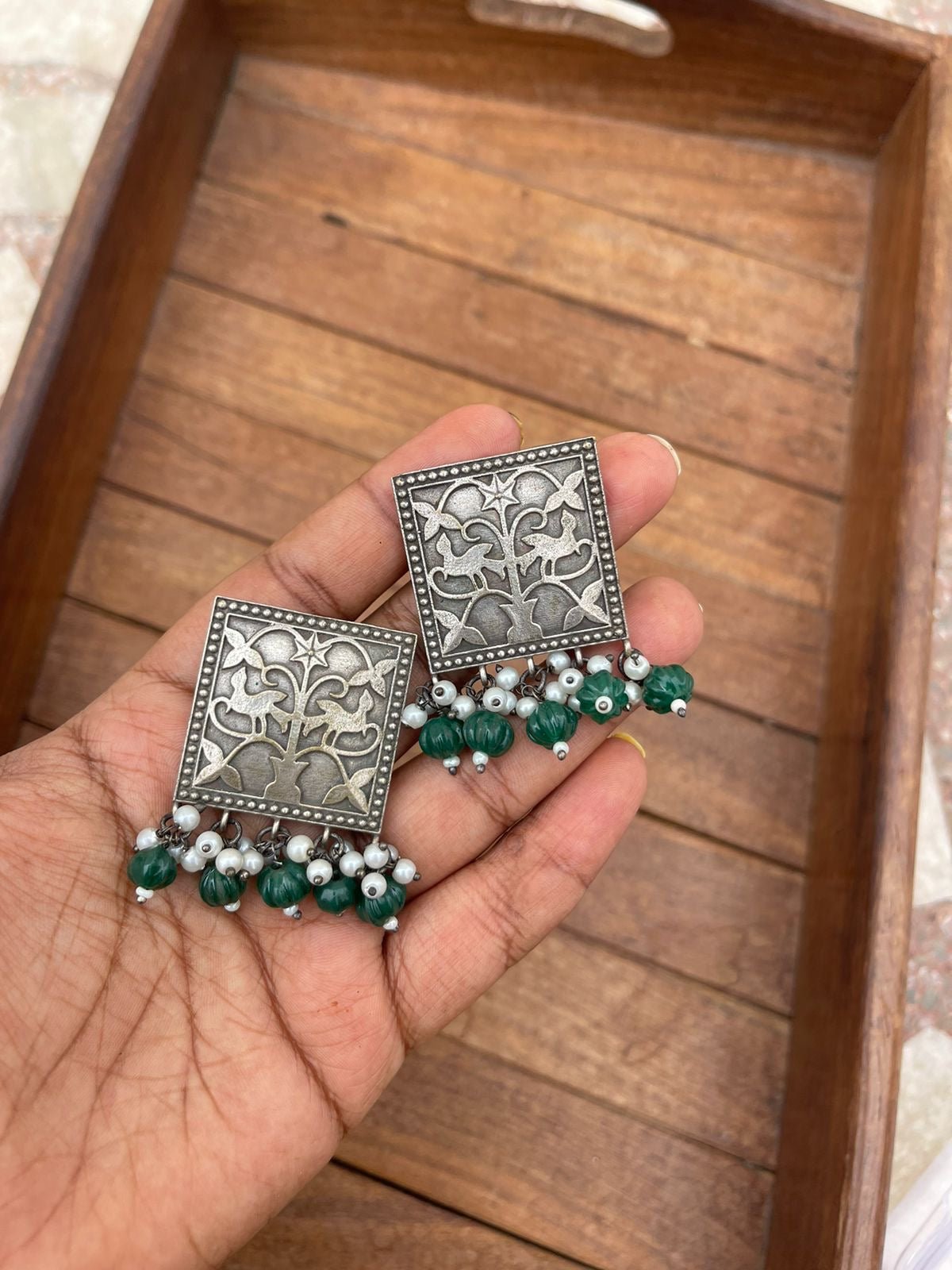 Square afghani statement oxidised earrings - Alluring Accessories