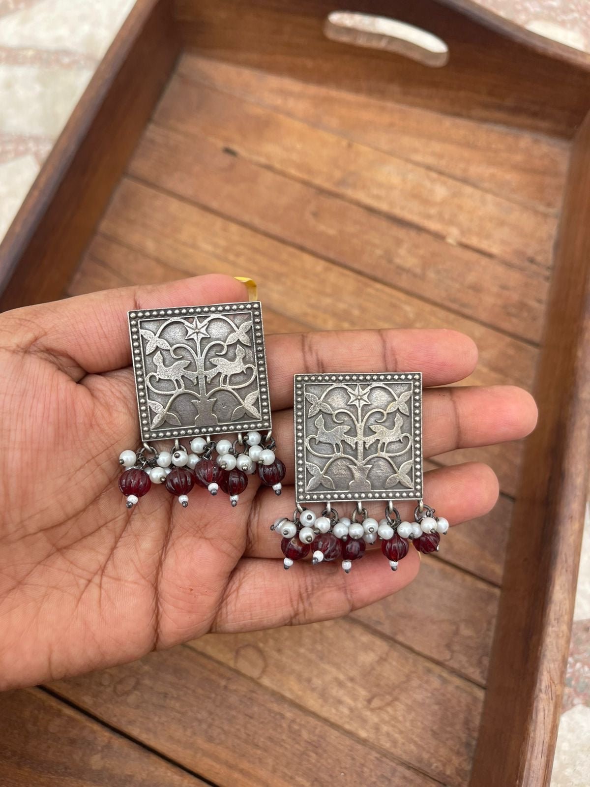 Square afghani statement oxidised earrings - Alluring Accessories