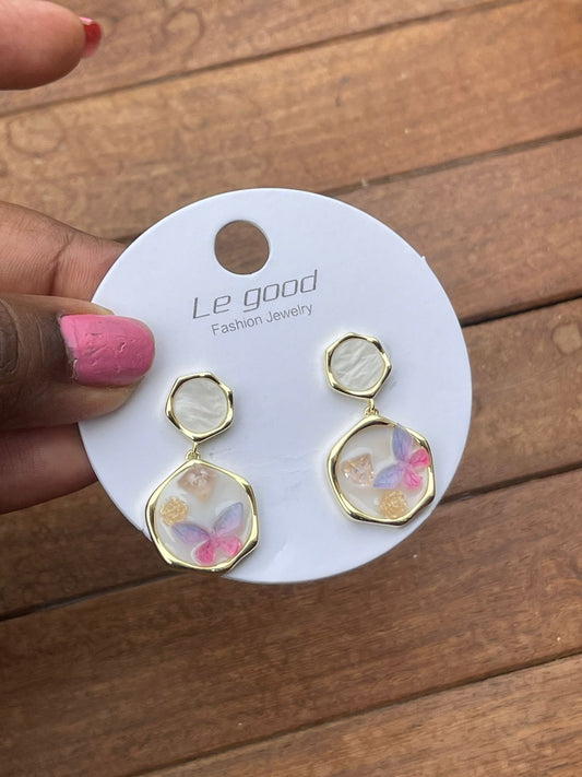 Sterling silver Ceramic Pentagon florescent butterfly embossed earrings - Alluring Accessories