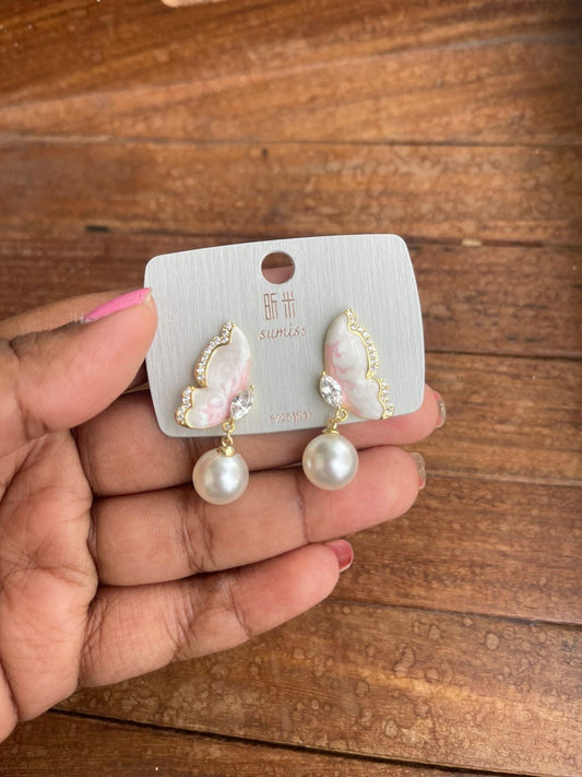 Sterling silver half butterfly pink shade pearl drop earrings - Alluring Accessories