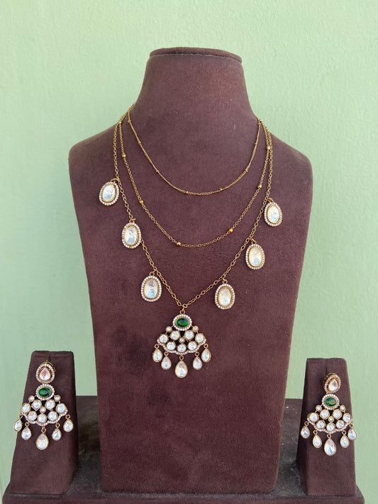 Three layered ahmedabadi real kundan necklace with chandbalis - Alluring Accessories