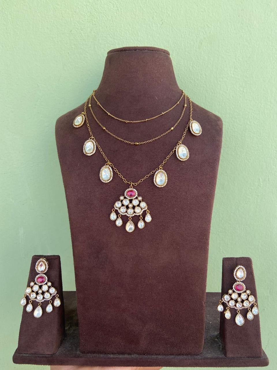 Three layered ahmedabadi real kundan necklace with chandbalis - Alluring Accessories