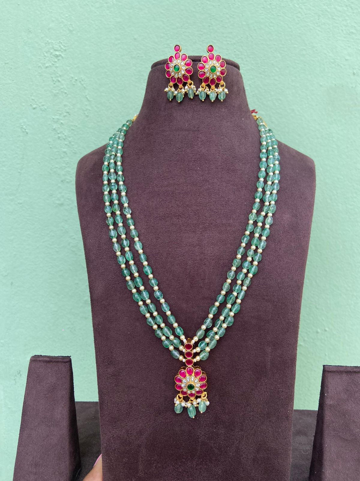 Three layered monalisa beads real kundan long mala with earrings - Alluring Accessories