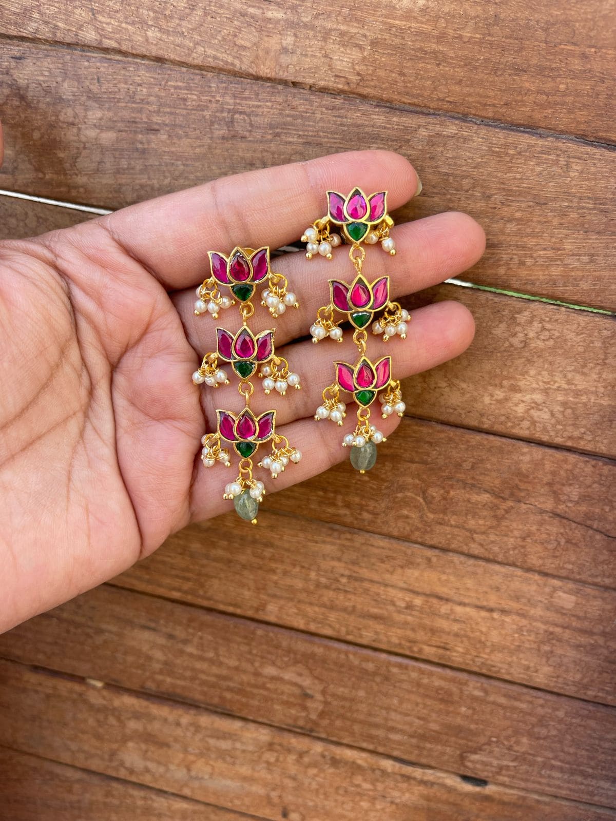 Three layered real Kundan affordable lotus hangings - Alluring Accessories