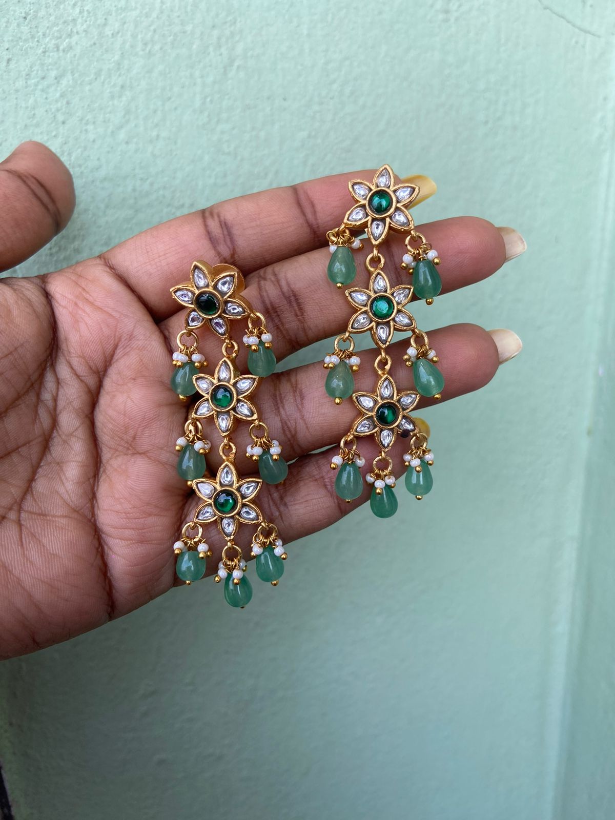 Three layered stylish real kundan earrings - Alluring Accessories