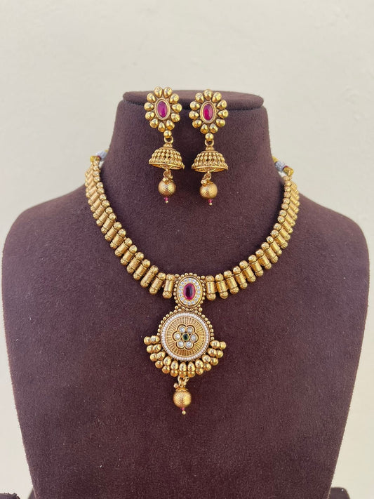 Traditional antique flower necklace with jhumkas - Alluring Accessories