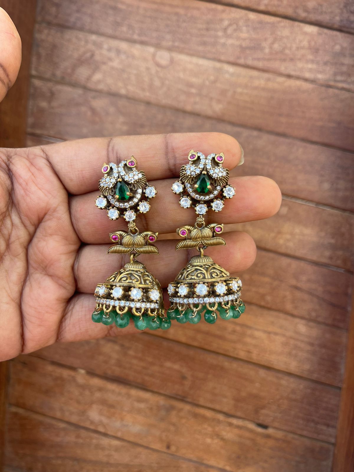 Two layered Dual peacock antique victorian jhumkas - Alluring Accessories