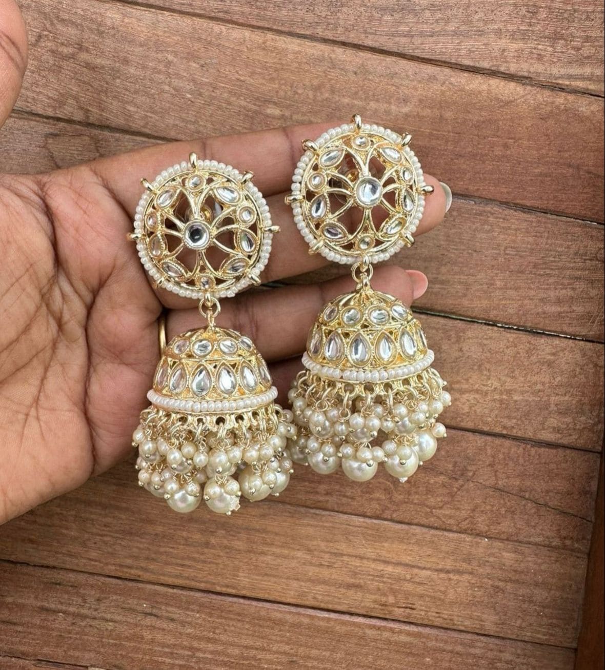 two layered kundan cone pearl jhumkas - Alluring Accessories