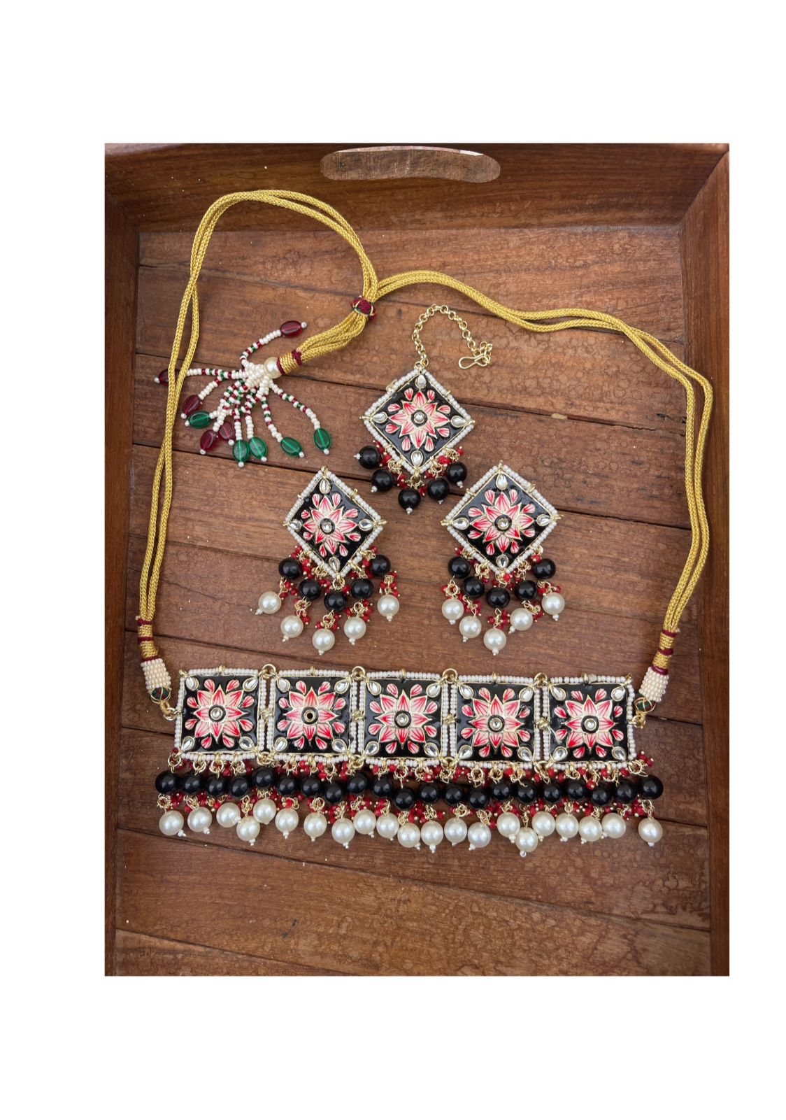 Two layered pearl square Meenakari necklace with mangteeka - Alluring Accessories