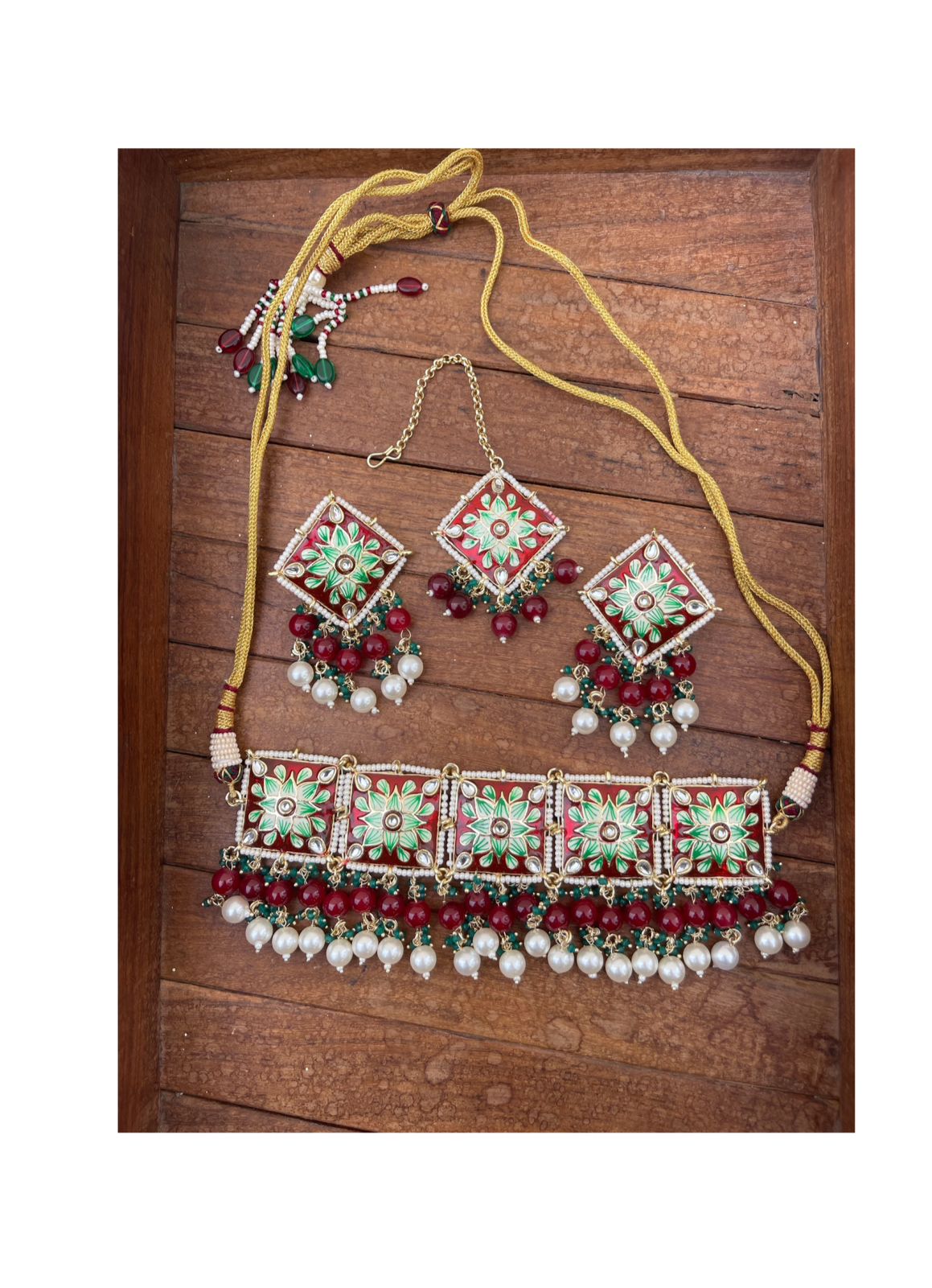 Two layered pearl square Meenakari necklace with mangteeka - Alluring Accessories