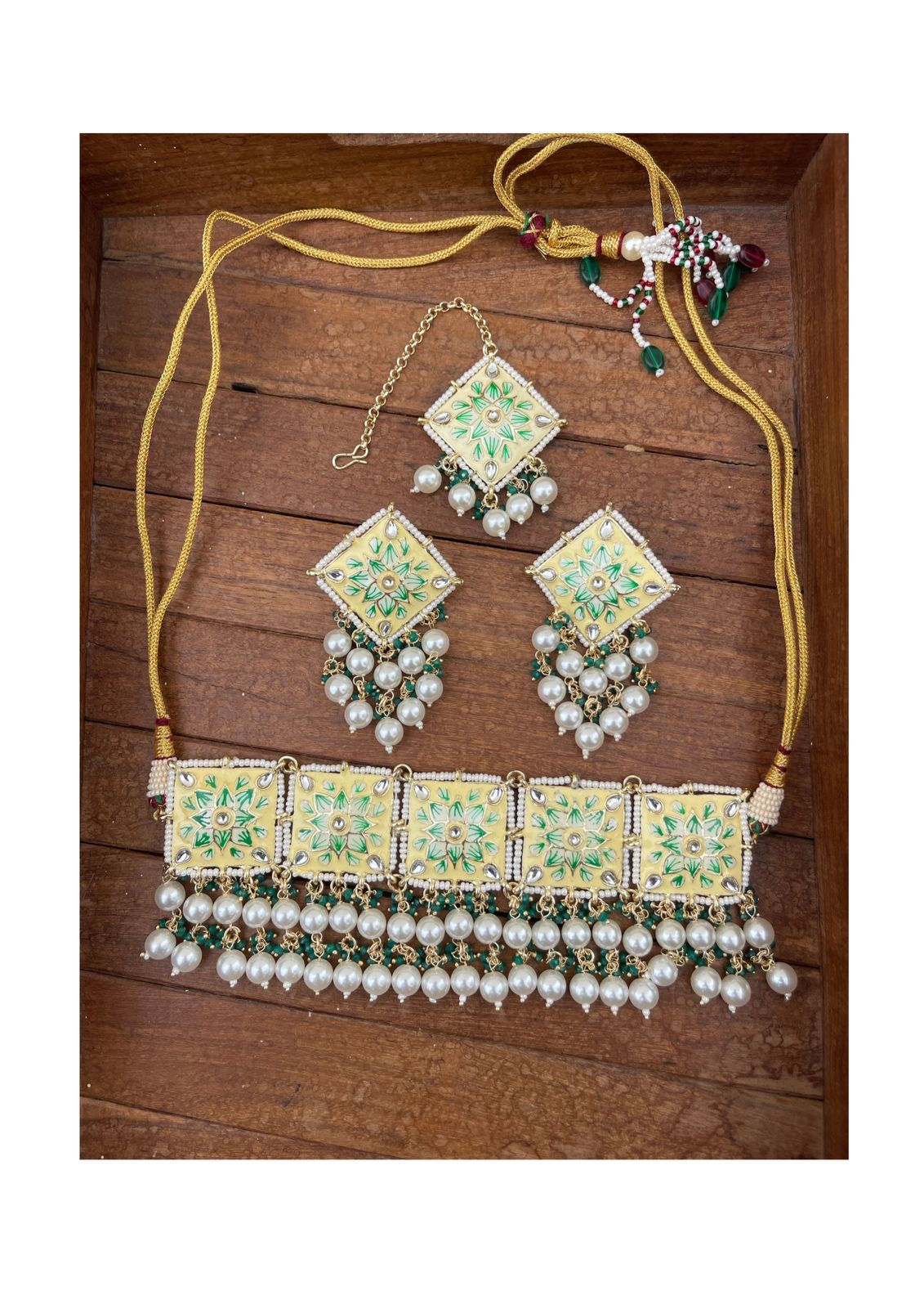 Two layered pearl square Meenakari necklace with mangteeka - Alluring Accessories