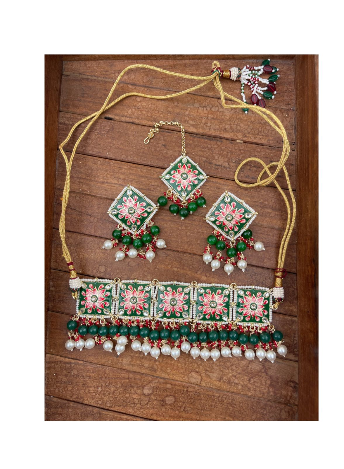 Two layered pearl square Meenakari necklace with mangteeka - Alluring Accessories