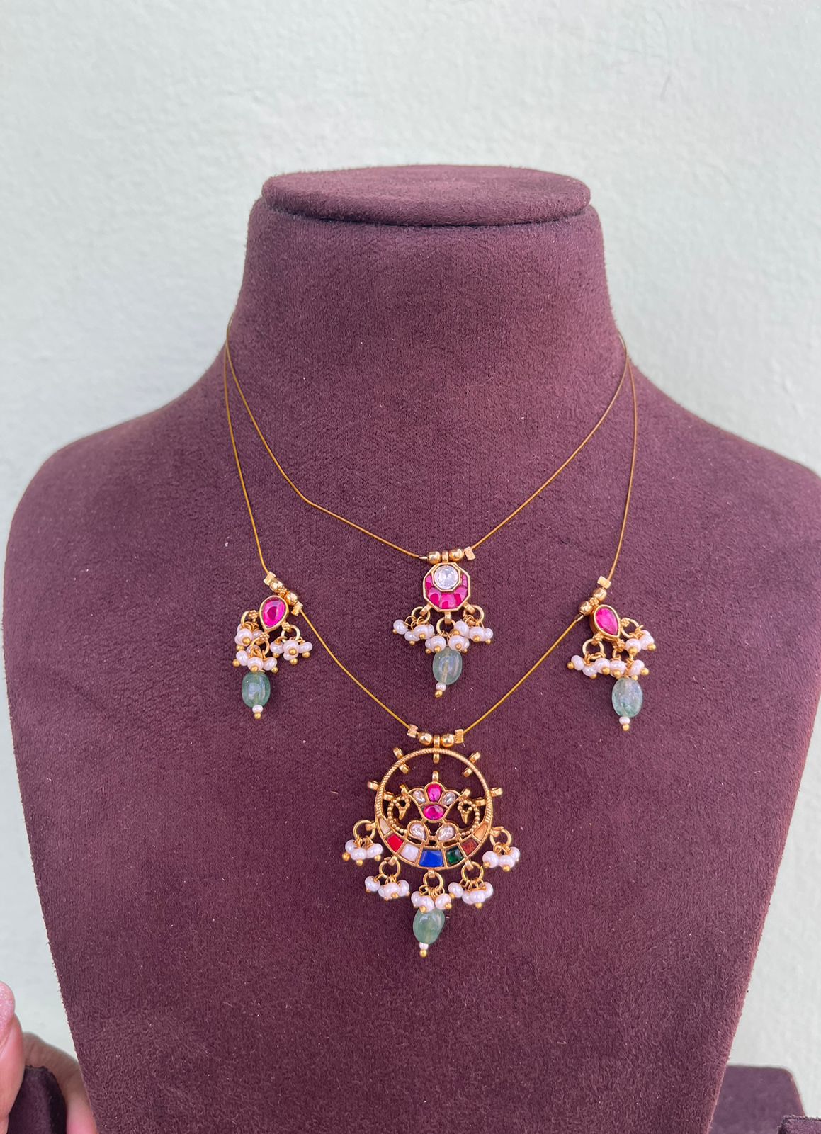 Two layered real Kundan peacock navaratan invisible necklace - Alluring Accessories