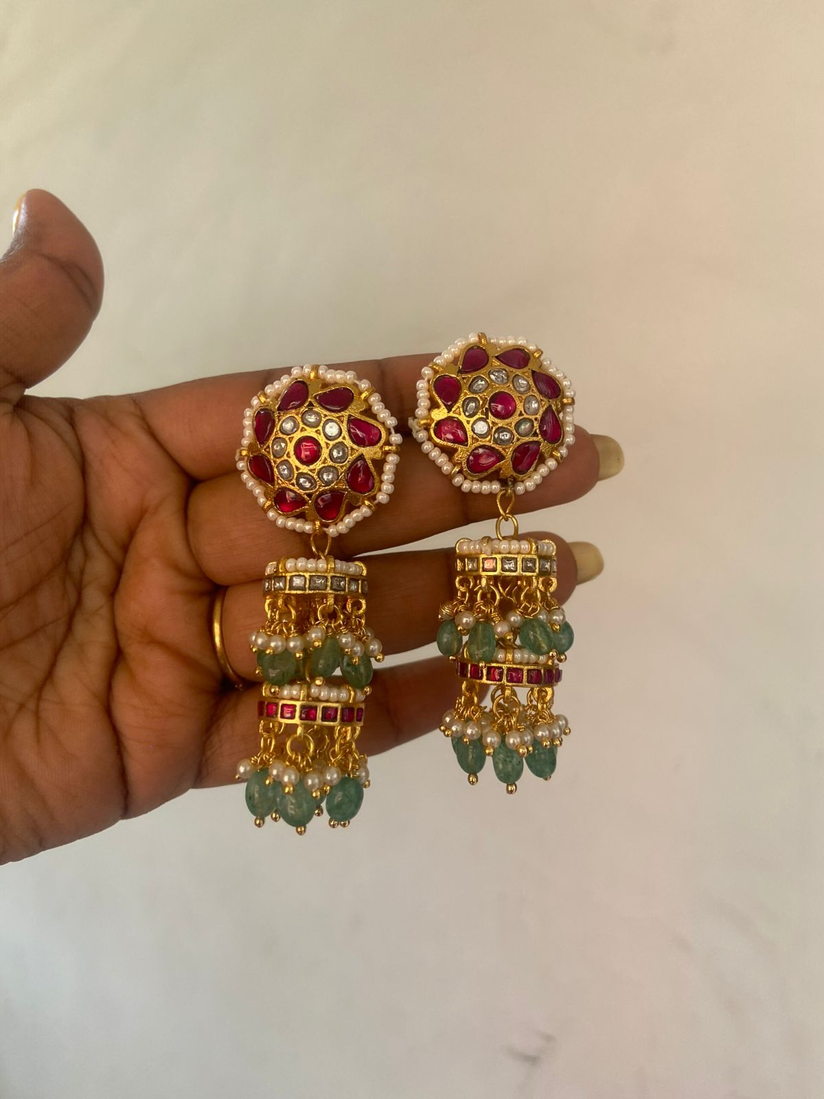 Two layered real kundan pearl designer jhumkas - Alluring Accessories