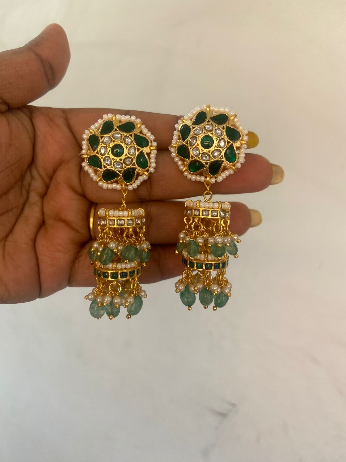 Two layered real kundan pearl designer jhumkas - Alluring Accessories