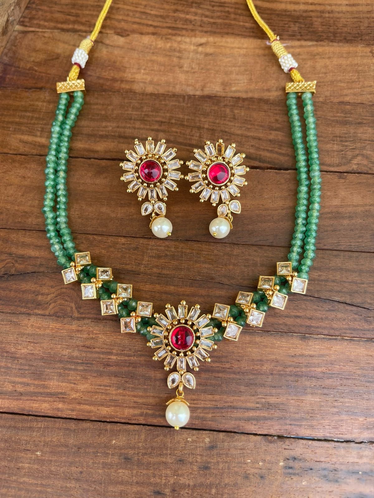 Two layered uncut diamond green flower necklace with earrings - Alluring Accessories