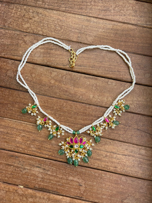 Two line pearl real kundan lotus necklace - Alluring Accessories