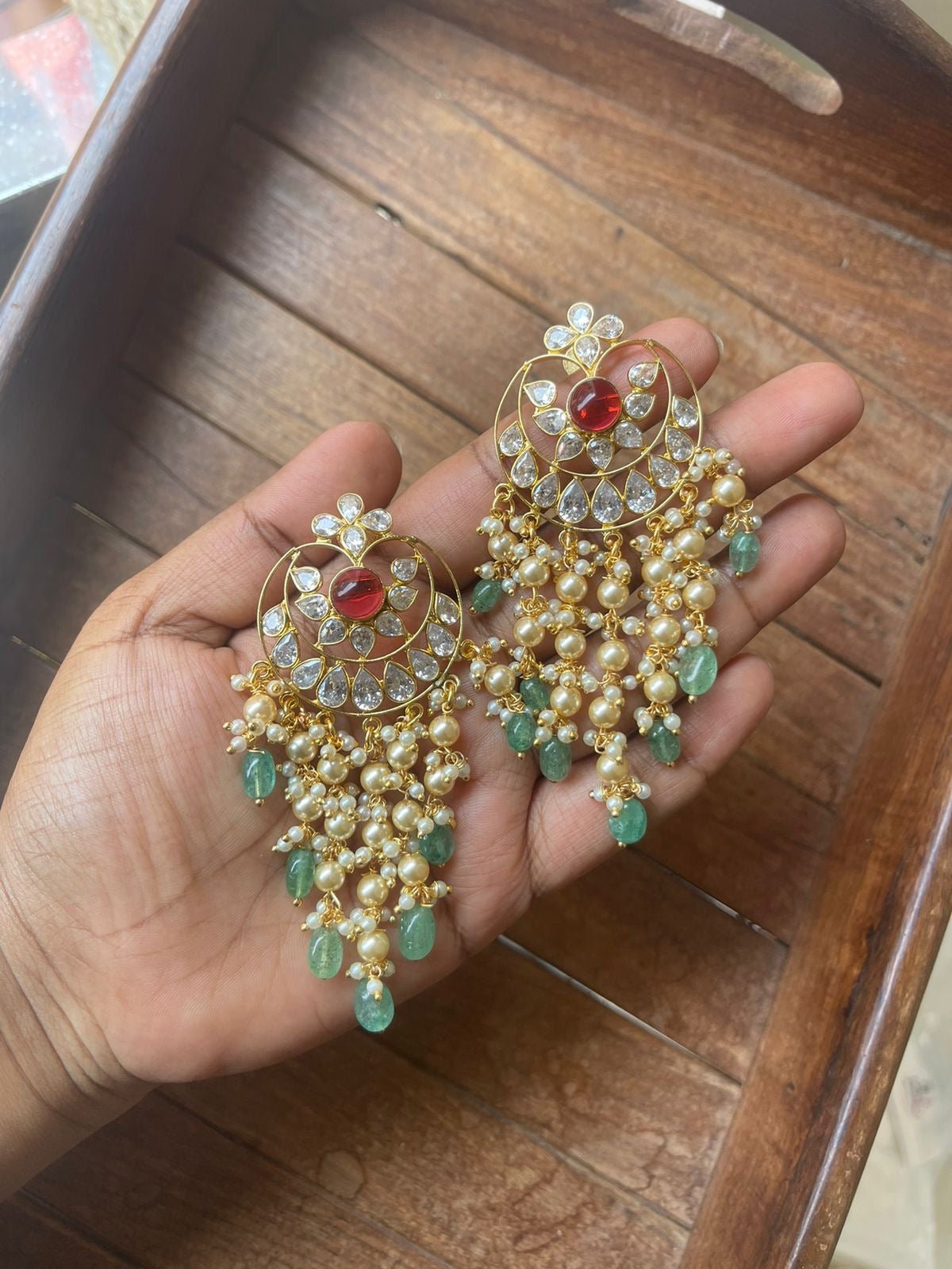 Uncut diamond chandbali pearl hanging earrings 2 - Alluring Accessories