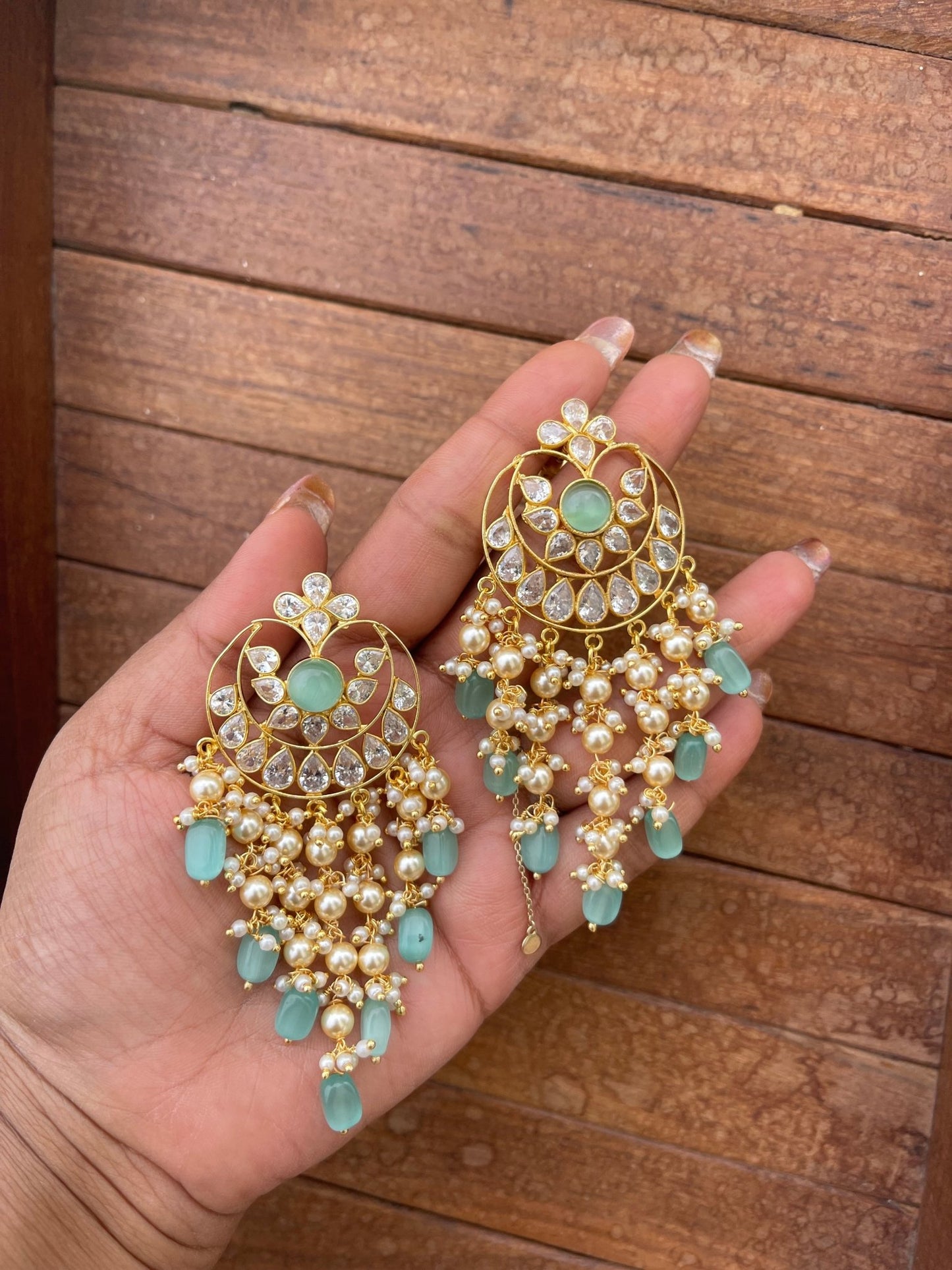 Uncut diamond chandbali pearl hanging earrings 2 - Alluring Accessories