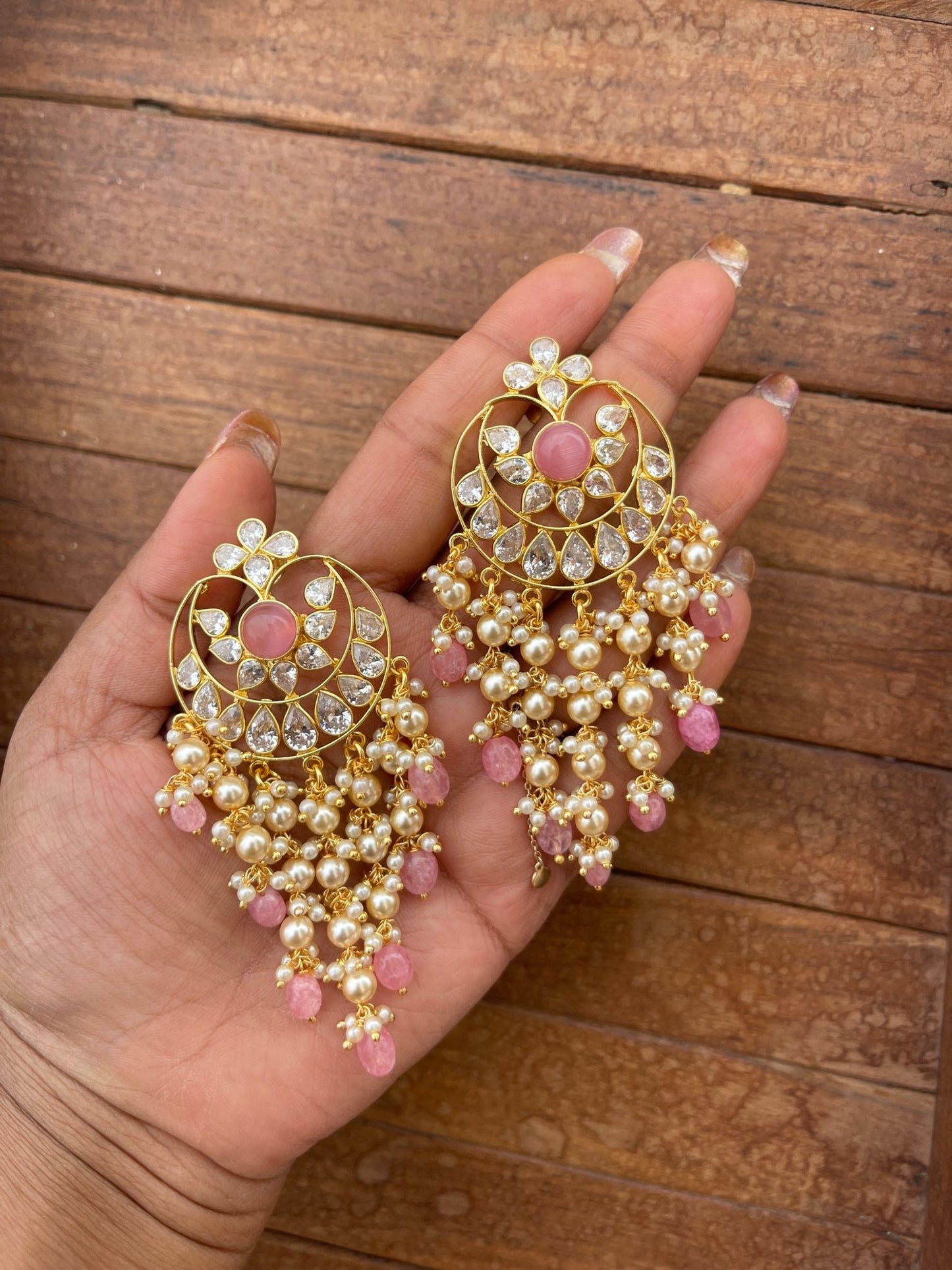 Uncut diamond chandbali pearl hanging earrings 2 - Alluring Accessories