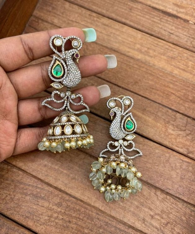 Victorian peacock real kundan jhumkas - Alluring Accessories