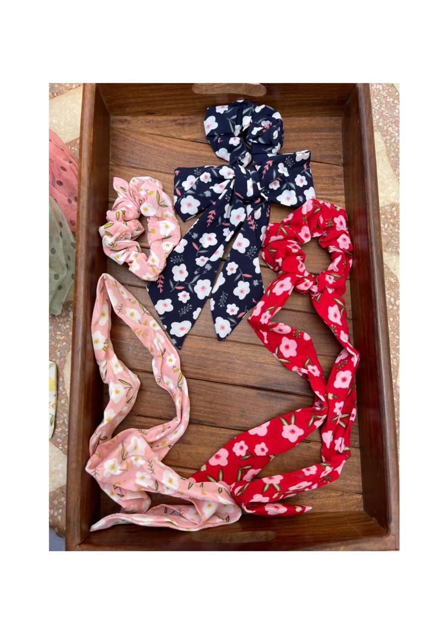 4 in 1 floral bow scarf scrunchies - Alluring Accessories