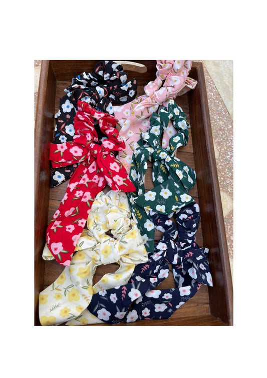 4 in 1 floral bow scarf scrunchies - Alluring Accessories