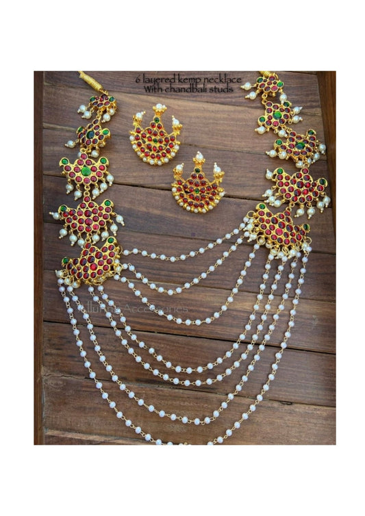 6 layered kemp necklace with matching chandbali earrings - Alluring Accessories