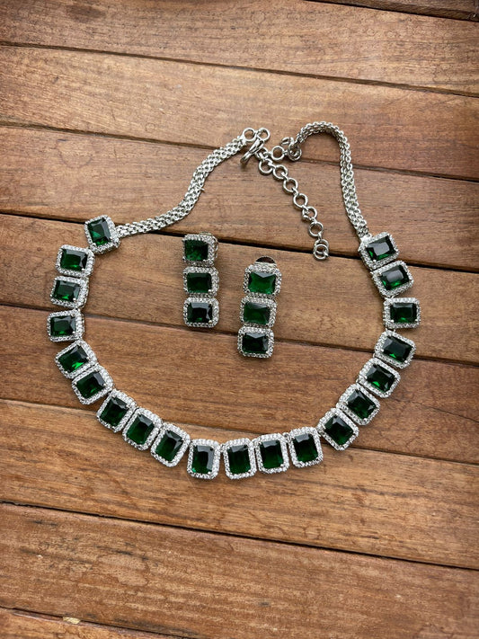 AD stone rectangle dark green necklace - Alluring Accessories