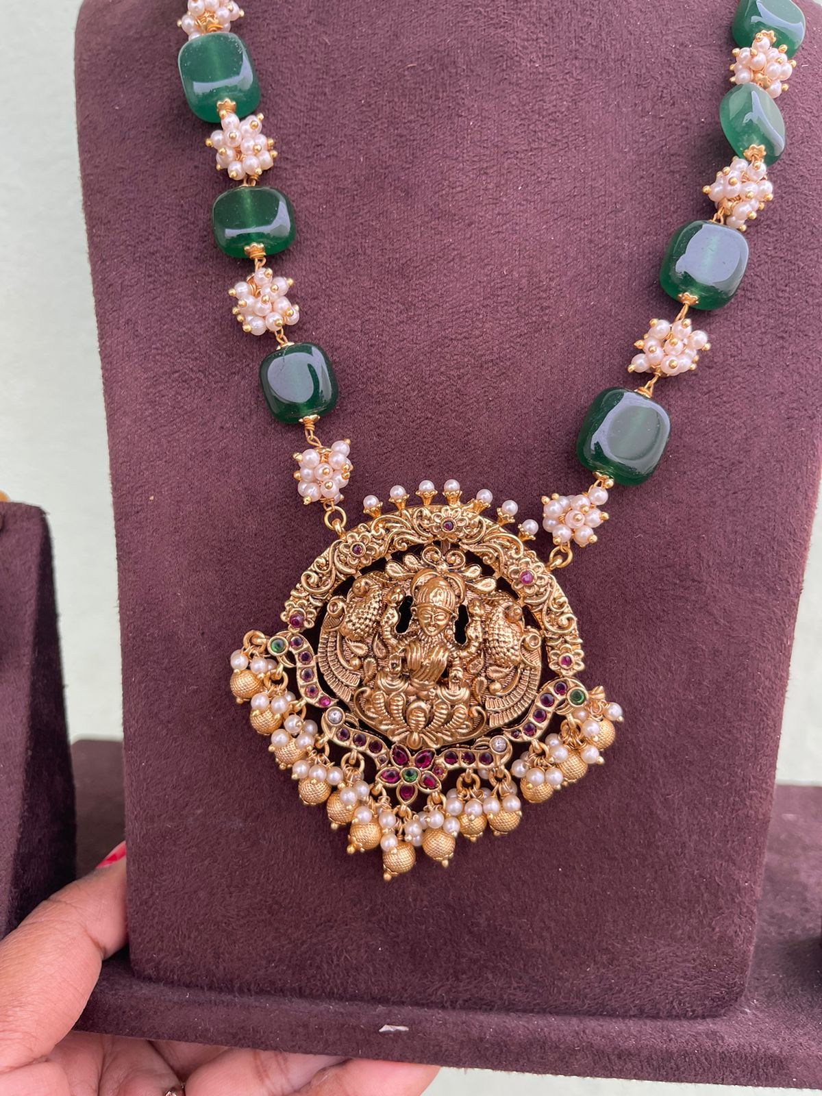 Antique lakshmi locket with green beads long haram with jhumkas - Alluring Accessories