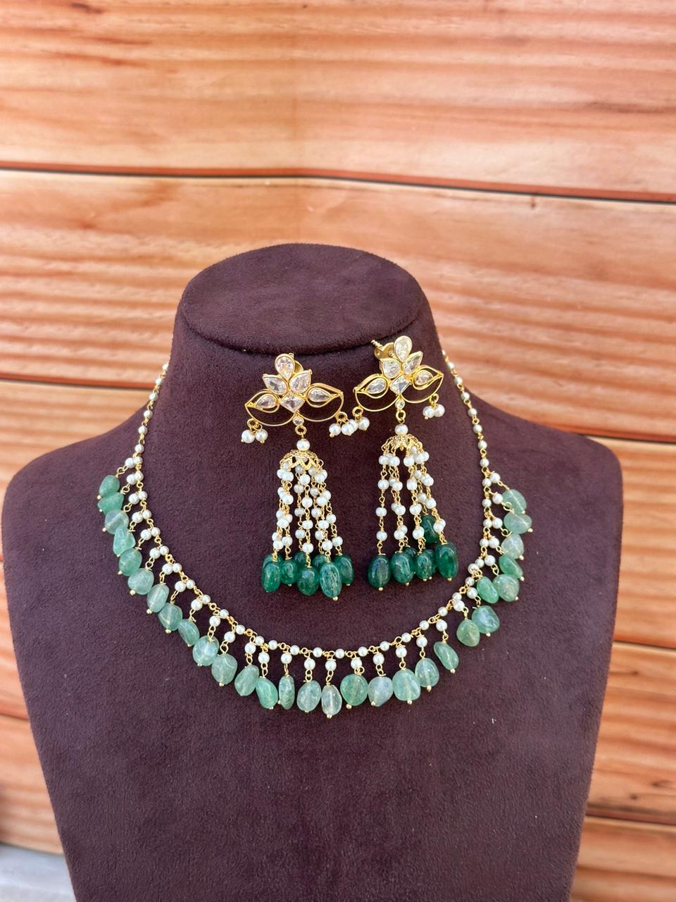 Beaded necklace with hanging jhumkas 2 - Alluring Accessories