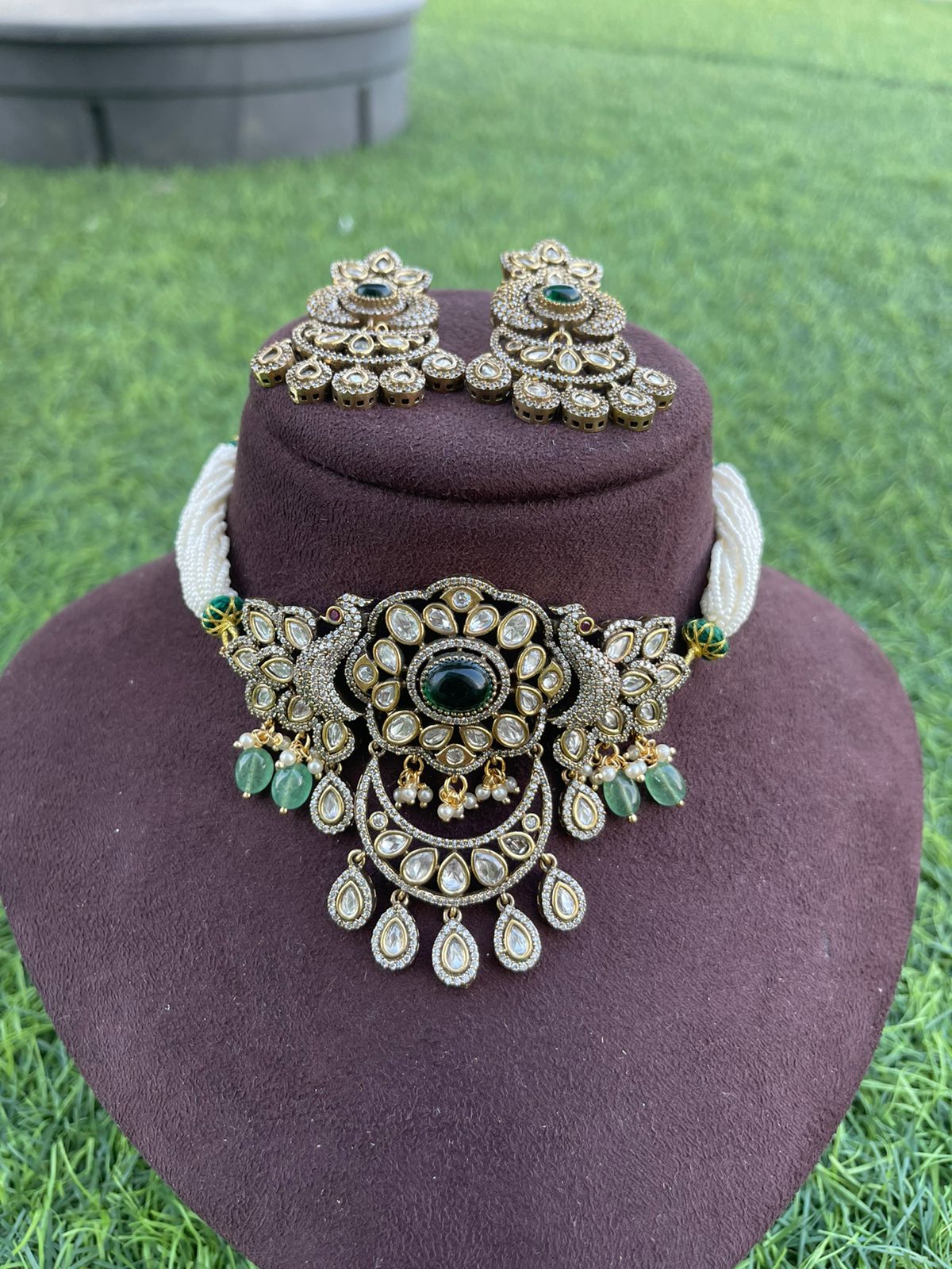 Chandbali peacock victorian choker with earrings - Alluring Accessories