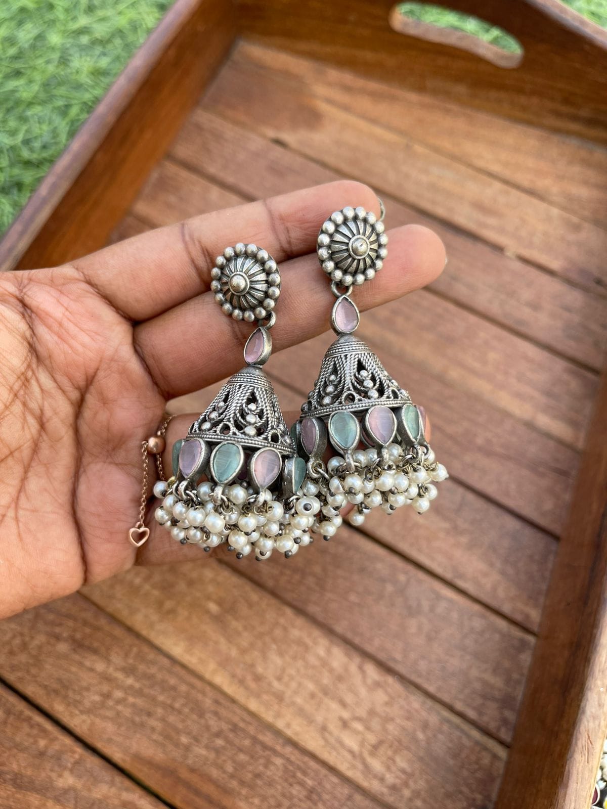 Cone silver look alike oxidised jhumka - Alluring Accessories