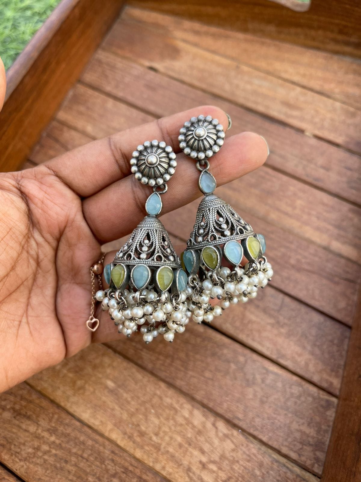 Cone silver look alike oxidised jhumka - Alluring Accessories