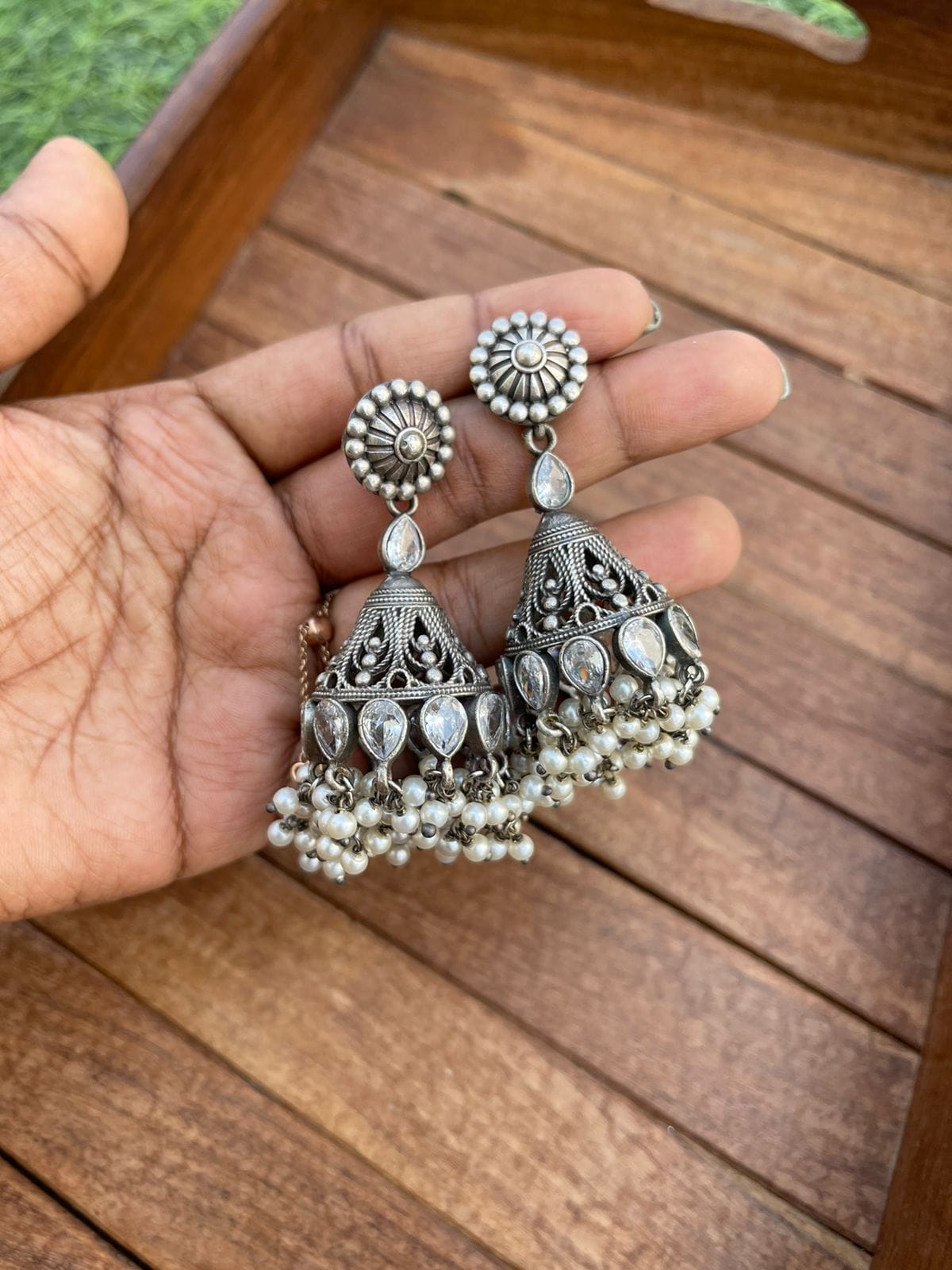 Cone silver look alike oxidised jhumka - Alluring Accessories