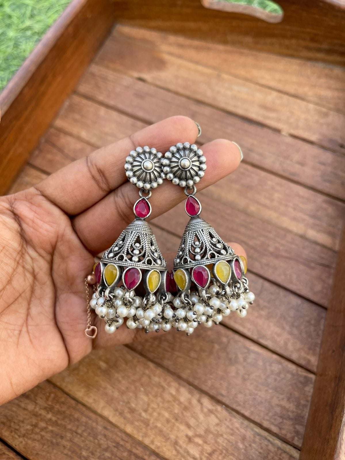 Cone silver look alike oxidised jhumka - Alluring Accessories