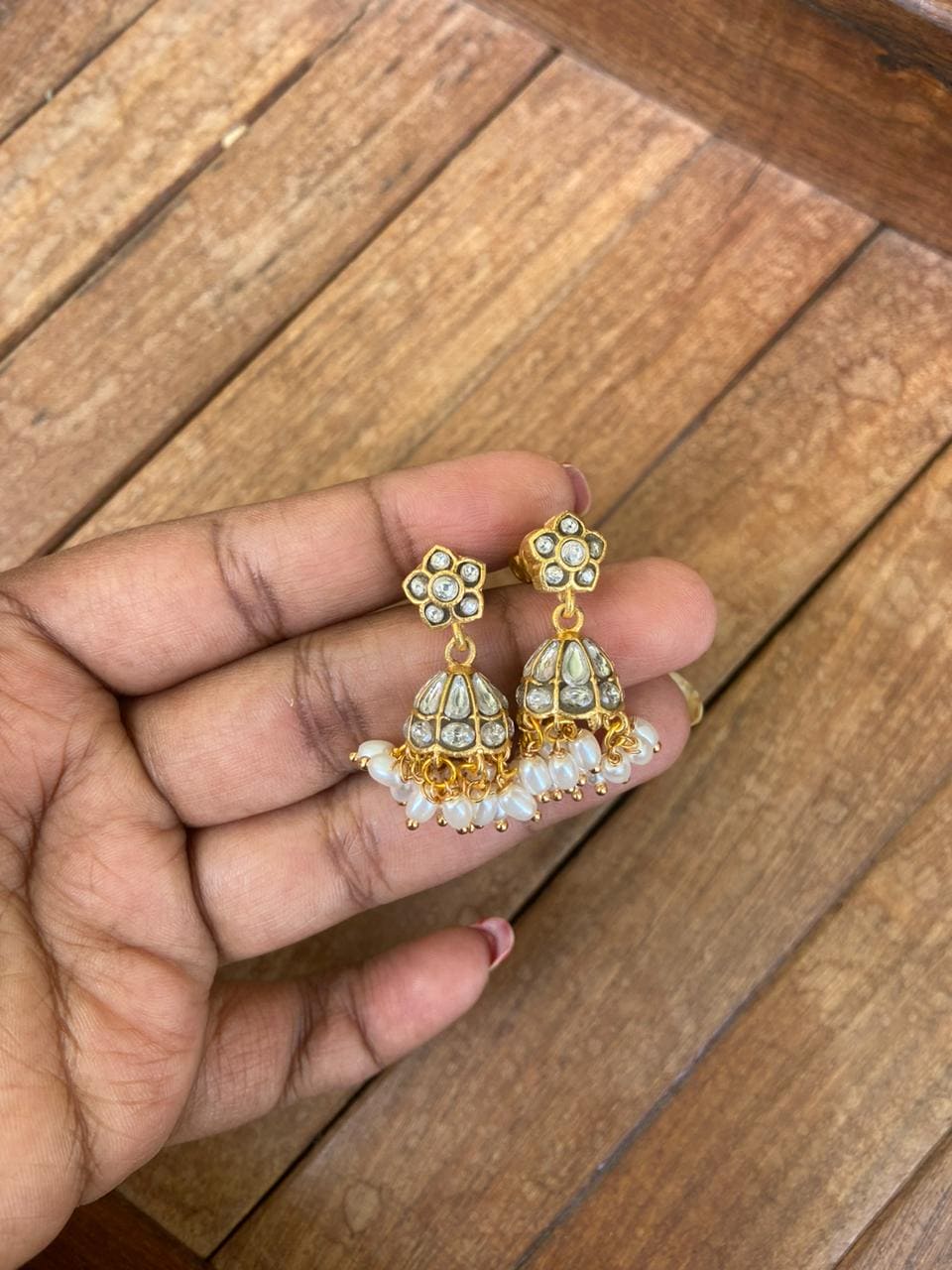 Cute small white real kundan jhumkas - Alluring Accessories