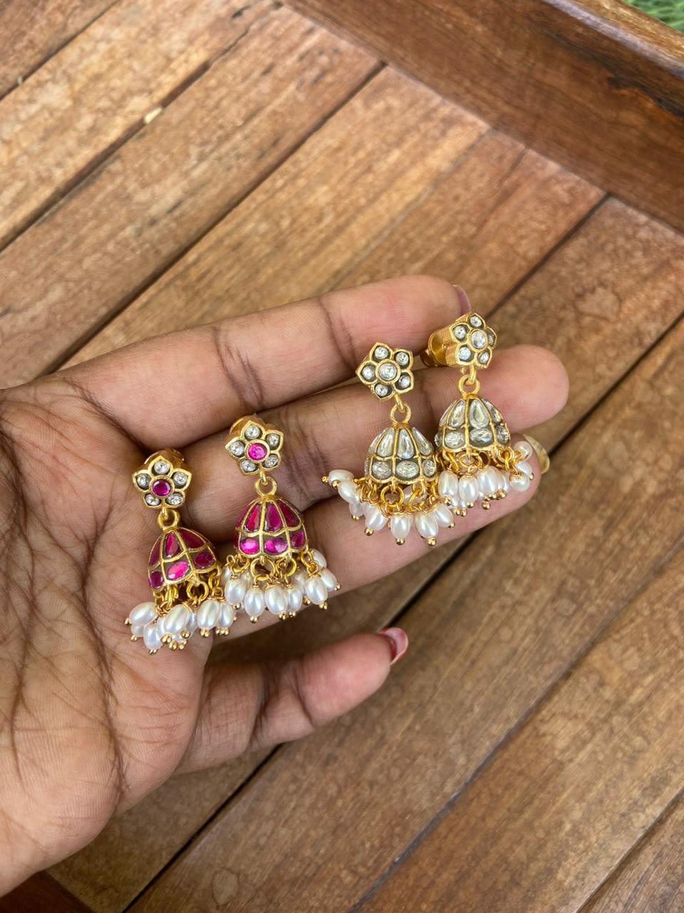 Cute small white real kundan jhumkas - Alluring Accessories