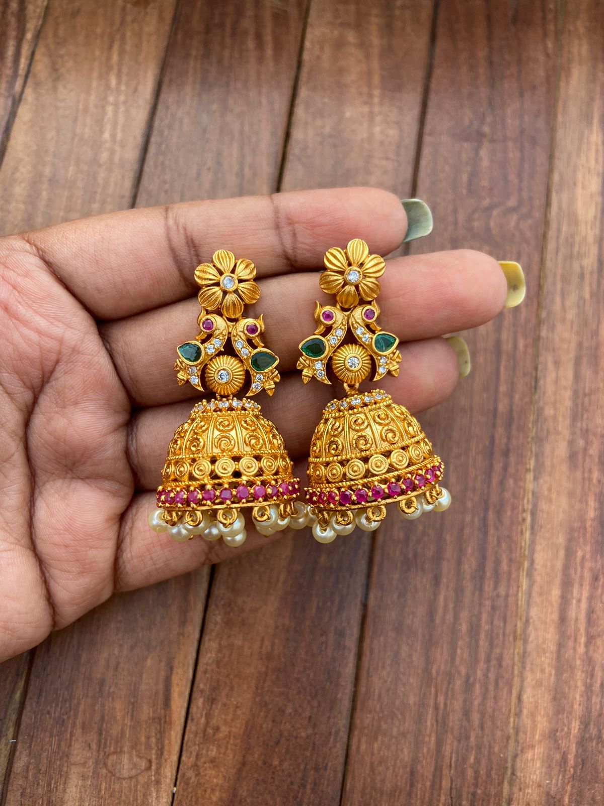 Dual Peacock Flower Matte Jhumkas - Alluring Accessories