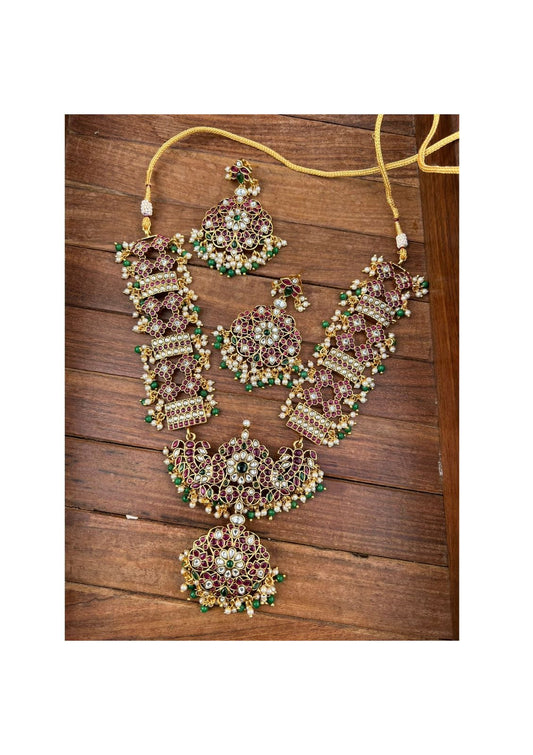 Dual Peacock Heavy Look Long Haram with heavy earrings - Alluring Accessories