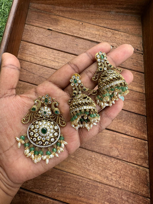 Dual peacock locket combo with jhumkas - Alluring Accessories