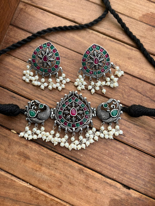 Dual peacock oxidised choker with earrings - Alluring Accessories