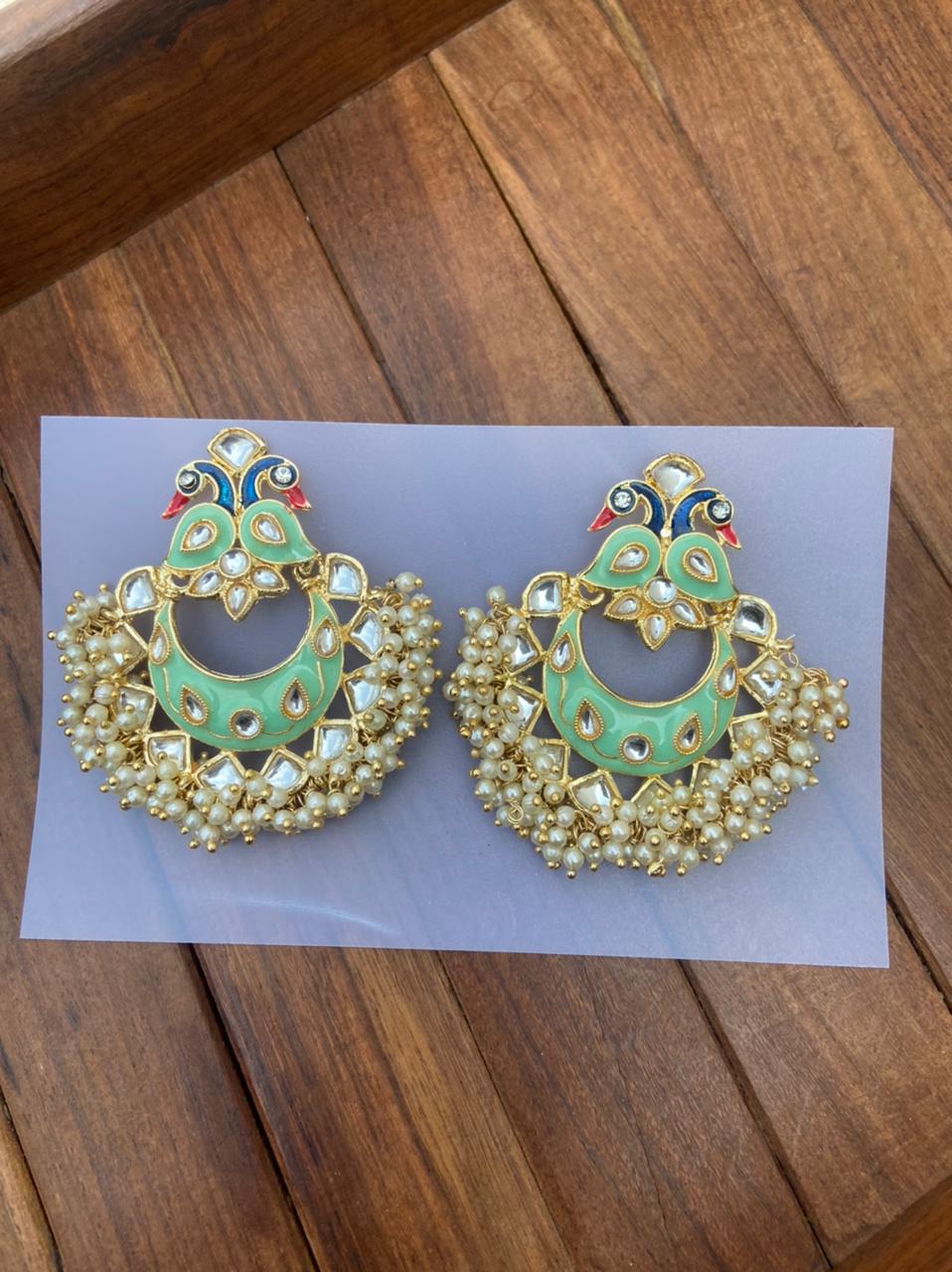 Dual Peacock Pearl Meenakari Chandbalis - Alluring Accessories