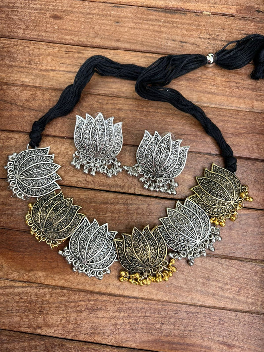 Dual shade lotus oxidised choker - Alluring Accessories